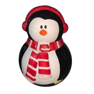 Penguin Cookie Jar Scarf and Earmuffs Chilly Willy Ceramic CIB 35T082